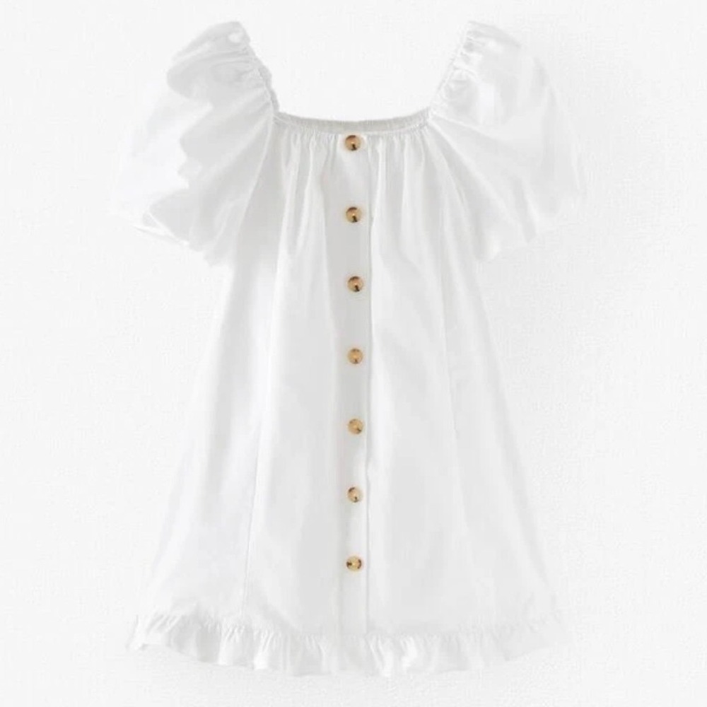 Girls 100% Cotton White Puff Sleeve Button Ruffle‎ Dress S13/14 Coquette Boho